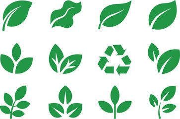 Collection of green leaf icons and recycling symbol on a white background for ecofriendly concepts