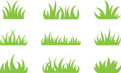Collection of nine stylized green grass tufts isolated on a white background for design elements