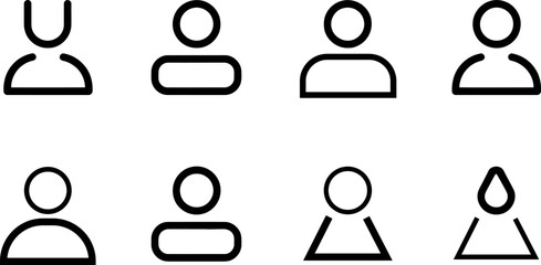 Collection of simplified outline silhouette icons representing different people and gender symbols isolated on transparent background