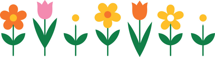 Collection of stylized colorful cartoon flowers with green leaves and stems on a transparent background