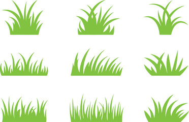 Collection of green stylized grass clump icons isolated on a transparent background for design elements