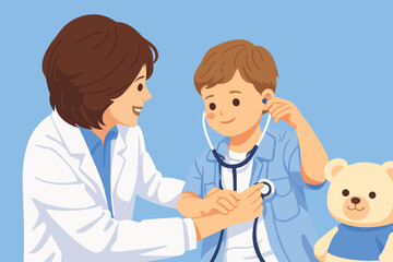 Fototapeta premium Professional doctor using a stethoscope to examine a young boy in a medical clinic.