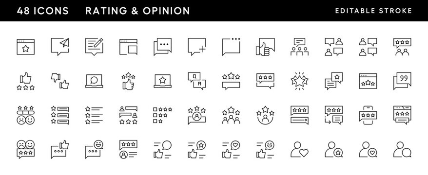 Rating icon collection. Opinion icon set. Satisfaction, feedback, review, testimonial, comment, response, customer service and more. Editable stroke. Pixel Perfect. Grid base 32 x 32.