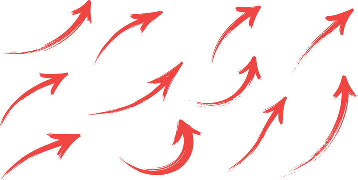 Arrow crayon brush doodle chalk red line stroke. Sketch pencil texture line scribble red arrow icon. Hand drawn grunge crayon brush sketch direction element set. Vector illustration