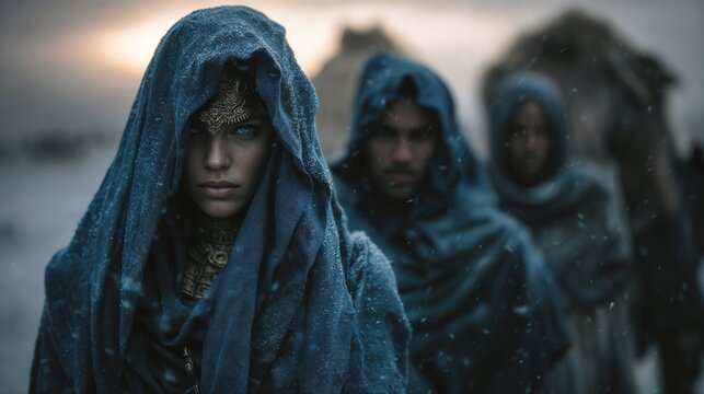 Mysterious Woman In Blue Robes Leading Nomads Through Snow Storm