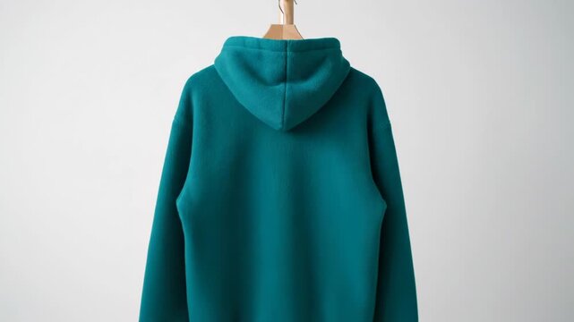 Close-up detail of a teal hoodie sleeve. The full garment hangs on a wooden hanger.