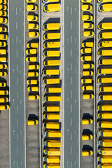 Delivery vans and trucks hub. Fleet of yellow post vehicles