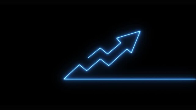 Glowing blue neon zigzag upward arrow graph animation on a black background, business growth, financial success, market trend, data analysis, or infographic element