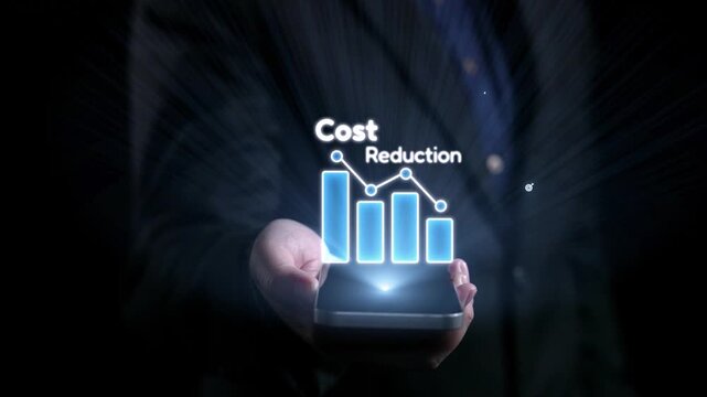 A professional hand holds a smartphone showcasing vibrant icons and graphs for cost reduction, illustrating modern business strategies and financial performance analytics. Qubit