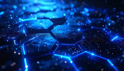 Obraz premium Abstract visualization of hexagonal grid with glowing blue particles