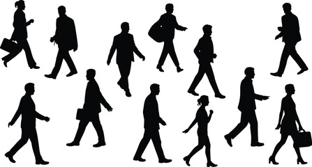 Fototapeta premium Business people walking silhouette set, office workers and professional men women commuting collection for corporate teamwork and urban lifestyle concept isolated
