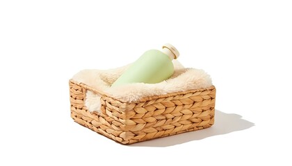 Woven basket with a green bottle on a fluffy towel isolated on white background for relaxation and spa concepts