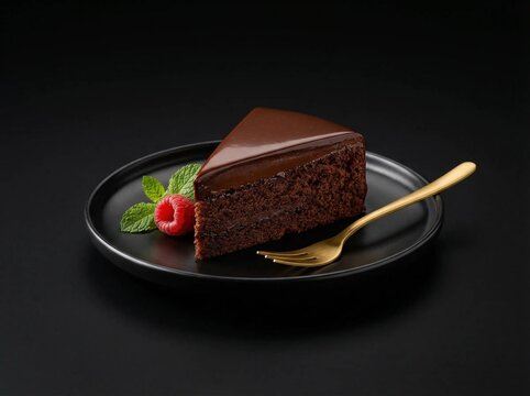 uma fatia de bolo de chocolate com ganache lisa, fundo preto s&oacute;lido, ilumina&ccedil;&atilde;o profissional e detalhes n&iacute;tidos, no estilo de fotografia publicit&aacute;ria de alimentos