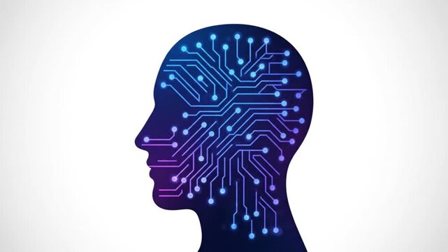 Animated dark blue human head silhouette with glowing light blue and purple circuit board pattern representing artificial intelligence, technology, and digital thinking on a white background