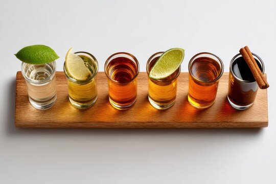 Tequila Flight on Wooden Board with Lime and Cinnamon Garnishes, Six Tequila Varieties in Shot Glasses, Premium Mexican Tequila Flight, Luxury Spirit Tasting Board Tequila Flight Blanco to Extra A&ntilde;ejo