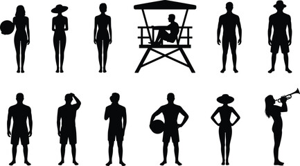 Collection of summer beach silhouettes with lifeguard tower, beach ball, hats, trumpet player, and casual standing figures on white background © Shirina