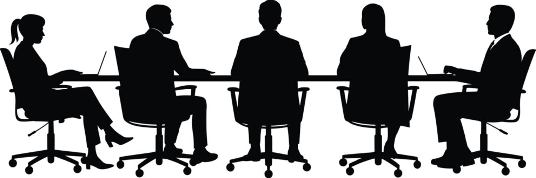 Corporate meeting silhouette illustration, business team sitting at conference table with laptops discussing strategy, professional office teamwork concept isolated on white background