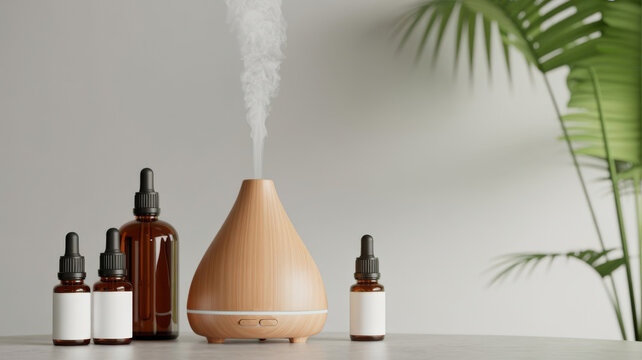 Aromatherapy essential oil diffuser with various bottles on table with tropical plant background