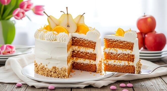 Delicious carrot cake with cream cheese frosting and pineapple topping