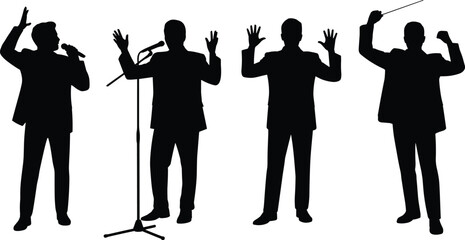 Expressive vector silhouettes of business people performing, speaking, conducting, and gesturing, bold black design for communication, leadership, performance, and presentation themes