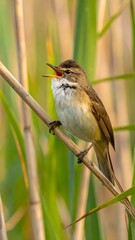 Obraz premium Small, brown songbird perched on a reed stalk with its beak wide open, singing loudly