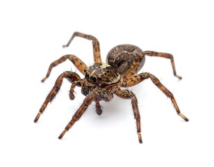 Small brown spider with stripes and many eyes crawls on a white backdrop