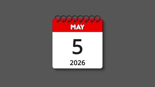 Monthly calendar animation with spiral ring coil binding, tear-off effect and realistic shadow for May 2026, perfect for time, schedule, event, and planning themes, transparent alpha channel BG