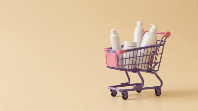 Small purple shopping cart filled with white cosmetic bottles on light beige background