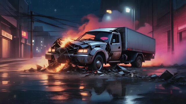 A severely damaged and burning box truck sits amidst urban debris at twilight.