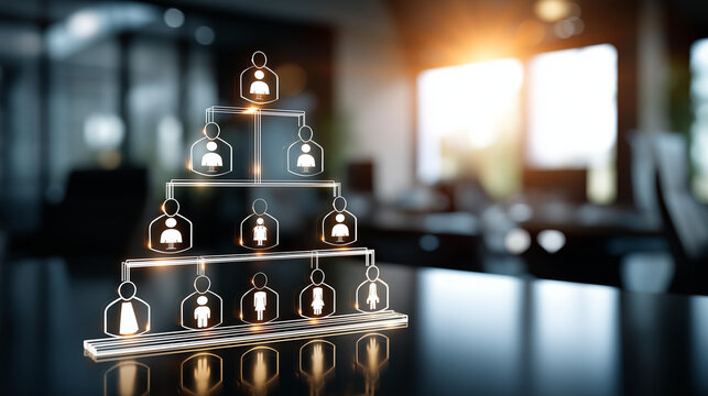 Illuminated by soft sunrise, organizational chart etched with white lines and icons, transparent against blurred background symbolizing structure and hierarchy, business