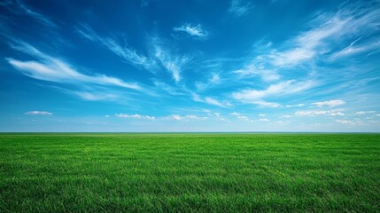 Obraz premium A serene landscape showcasing vibrant green grass extending towards the horizon, complemented by a stunningly clear blue sky adorned with fluffy white clouds, evoking a sense of tranquility.