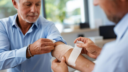 Doctor making dressing of wound on arm of elderly patient, removing adhesive bandage, wound care procedure, medical dressing change, faceless doctor working, defocused patient