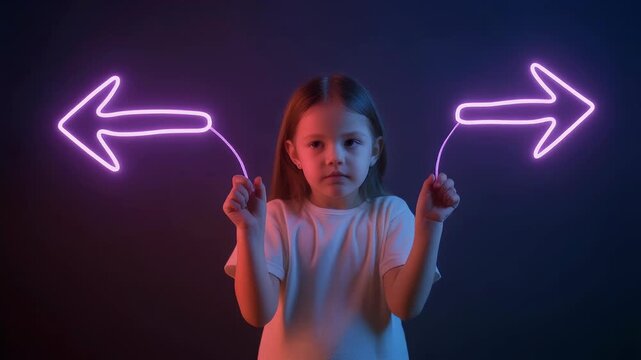 Young girl pondering directions with glowing neon arrows pointing left and right.