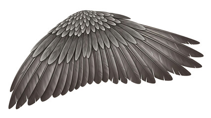 Black feather wing with detailed texture isolated on a transparent background