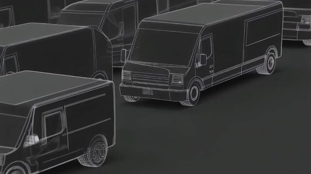 Wireframe visualization of multiple delivery vans in a dark setting.