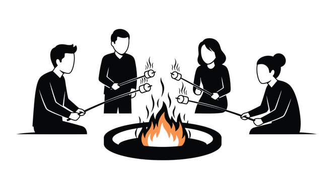 People roasting marshmallows around a campfire distinct black silhouette