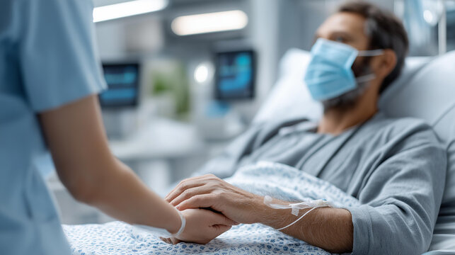 Patient in medical mask receiving intensive care after surgery, monitoring in hospital bed, healthcare and first aid concept, post-operative care scene, faceless patient