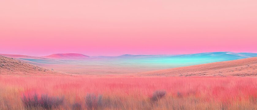 A whimsical blend of pink and blue hues washes over peaceful rolling hills, creating a dreamlike atmosphere that stirs feelings of nostalgia and evokes the essence of tranquil sunsets.