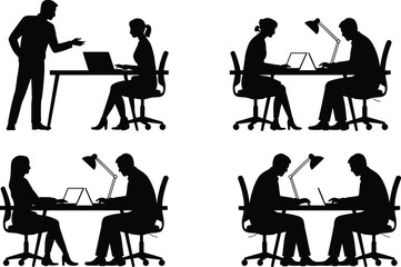 Fototapeta premium Office meeting silhouette set, businessman and businesswoman discussing work at desk with laptops, corporate teamwork collaboration and professional workplace concept isolated on white background