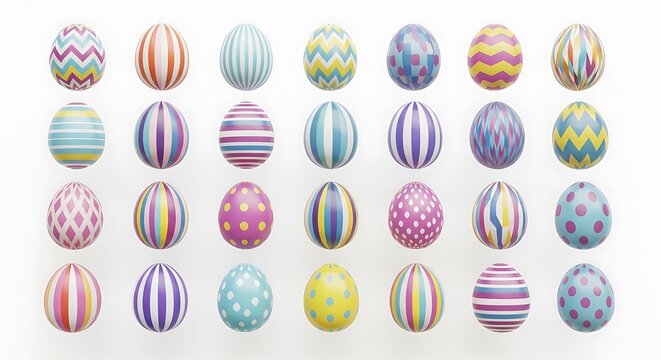 Vibrant assorted colorful easter eggs set with striped and polka dot patterns