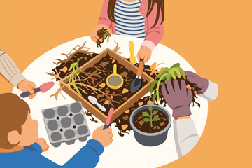 Hands of children planting seeds in small pots at a table.