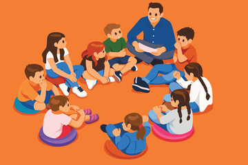 Group of children sitting in a circle during a classroom activity.