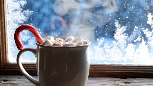 Hot Chocolate with Marshmallows and Candy Cane by the Window on a Snowy Day.