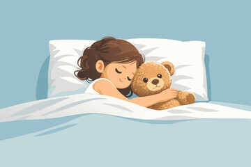 Little girl sleeping peacefully with her teddy bear in bed.