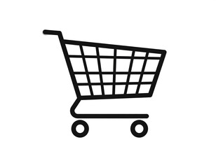 Simple black line art of a shopping cart, viewed from the side, on a white background