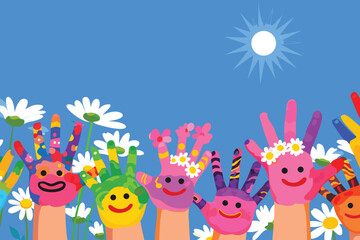 Colorful handprints with smiling faces on a flower field background.