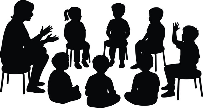 Silhouette of teacher talking with children sitting in circle, preschool classroom group activity, kids learning and communication concept, education illustration