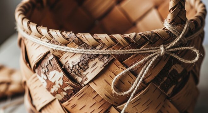 close-up of woven birch bark basket with twine bow in warm natural light