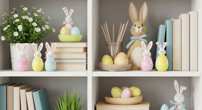 easter themed shelf decor with pastel eggs and bunny figurines in living room