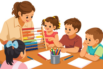 Teacher and group of students learning mathematics with an abacus.